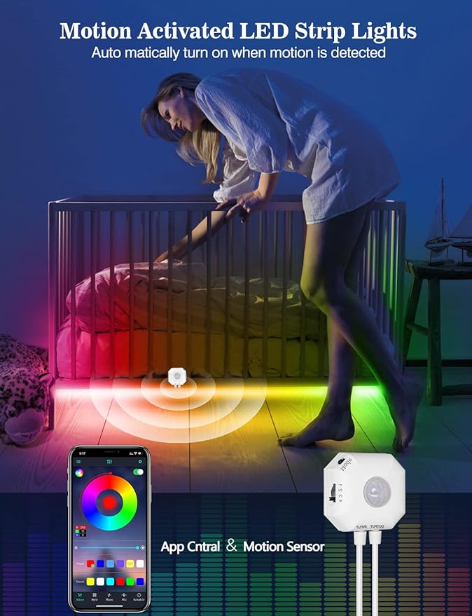Daymeet Motion Sensor Under Bed Lights, 9.8ft RGB Motion Activated LED Strip Lights with Automatic Shut Off Timer App Control Cabinet Night Light Closet Lights for Hallway, Kitchen,Bedroom,Stair