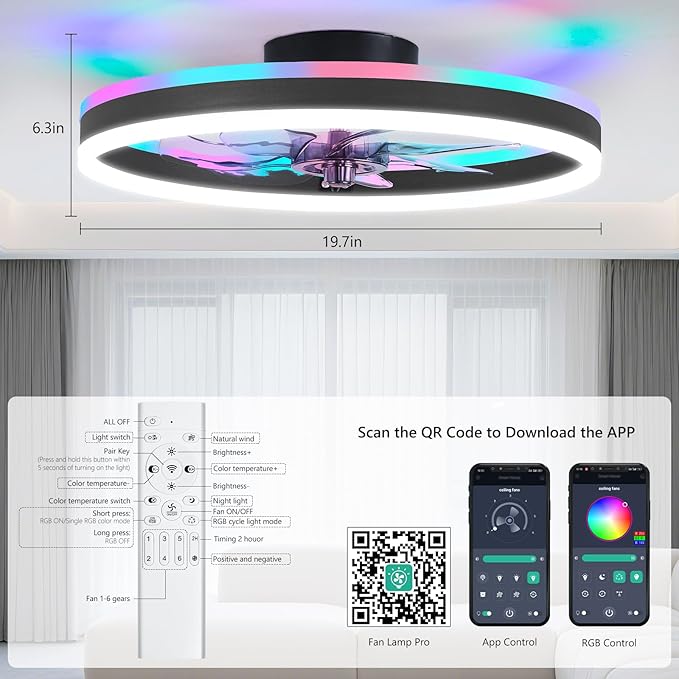 RGB Ceiling Fans with Lights, 19.7" Smart Low Profile Ceiling Fan, Modern Flush Mount Fandelier Light with Remote/APP Control, Dimmable Led Ceiling Fan Light for Living Room, Bedroom, Indoor