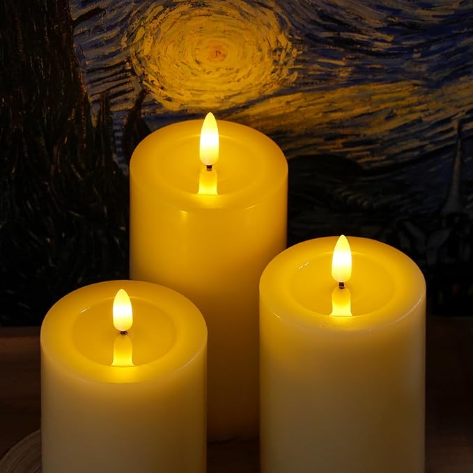 Remote Flameless Flickering Pillar Candles with Candle Grease Effect,Pack of 3 Ivory LED Battery Oprated 2/4/6/8 Hours Timer Real Wax Electric Candles(3x4,5,6 Inches)
