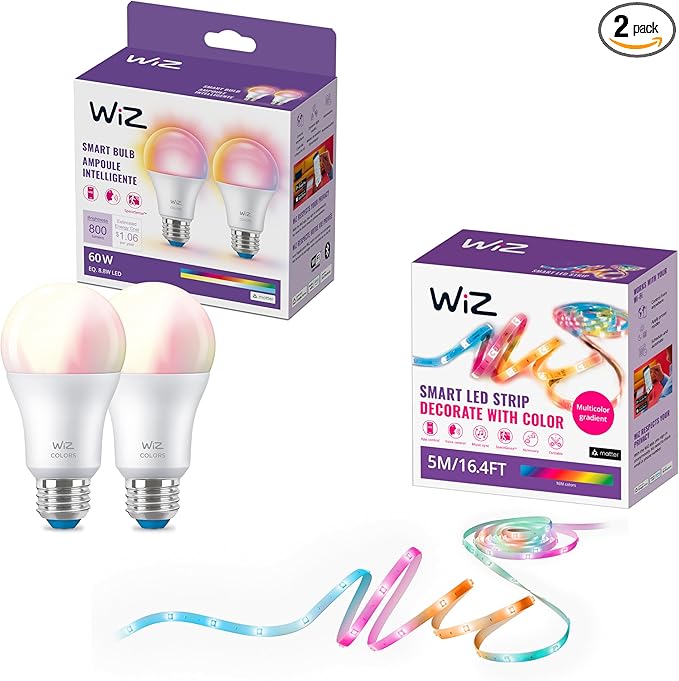 WiZ Connected - Bundle - RGBIC LED Strip 5m Plus 2 60W A19 Color Bulbs - Control with Voice or App + Activate with Motion - Matter Compatible