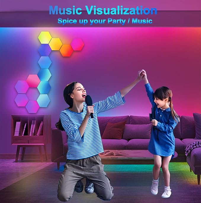 Amailtom Hexagon LED Lights, Smart RGB-IC Gaming LED Wall Lights App & Remote Control Music Sync, Hexagon Light Panels DIY Geometry Ambience Lighting for Gaming Room Bedroom Streaming, 10 Panels