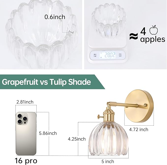 Vintage Wall Sconces Set of 2 with Transparent Tulip Glass Lampshade 180 Degree Adjustable Brass Sconces Hradwired Modern Wall Lighting Fixture with Switch for Bedside Bedroom Doorway