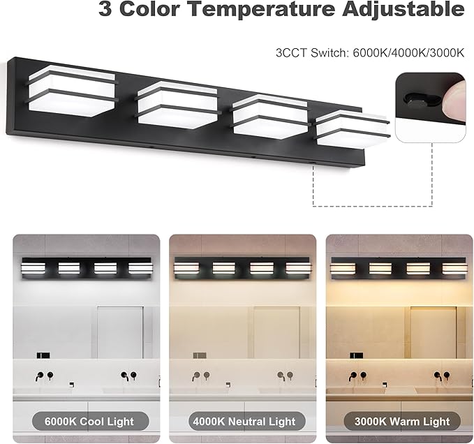 3 Color Temperature Dimmable Bathroom Light Fixtures Over Mirror, LED Black 4 Light Vanity Lighting Fixtures, Acrylic Stainless Steel Square Shade Vanity Lights for Bathroom, ETL Certificated