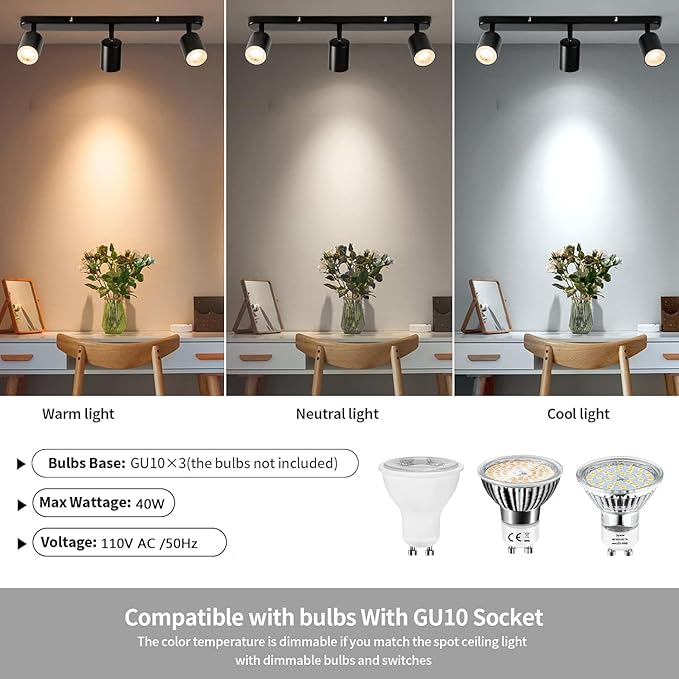 3 Light Track Lighting Kit Flexibly Rotatable Track Light Ceiling Kitchen LED Ceiling spot Light for Bedroom, Picture Wall, Hallway, Office, Bar, GU10 Socket (Black-3 Light)