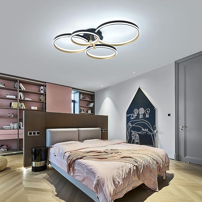 Ganeed Dimmable LED Ceiling Light Modern 4 Rings Ceiling Lamp with Remote Control,60W Gold Flush Mount Ceiling Lights for Living Room, Bedroom, Kitchen, Corridor, Dining Room,Office 3 Color