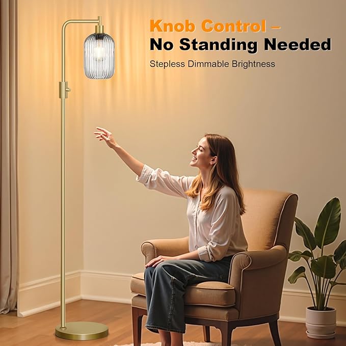 【Upgraded】 Dimmable Glass Floor Lamp for Living Room, Modern Gold Standing Lamp with Gray Ribbed Glass Lampshade & Knob Dimmer, Arc Tall Lamp for Bedroom Office Reading Room, 2700K Led Bulb Included