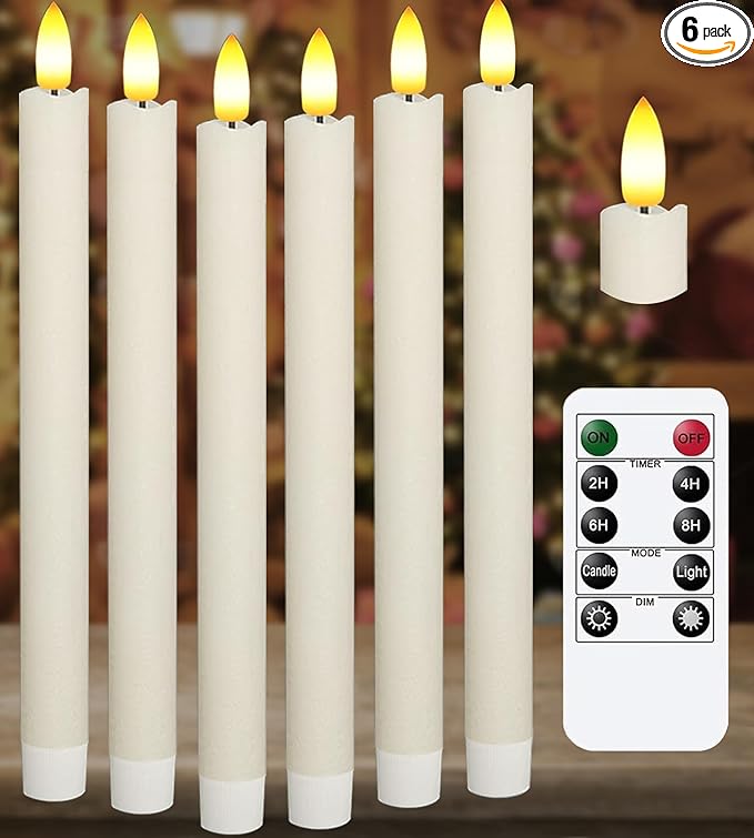 Upgraded Real Wax LED Flameless Taper Candles with Remote, KSWING 6 PCS White Candlesticks Battery Operated 3D Flickering - 9.6" Long Realistic Fake Candle Sticks for Home/Wedding/Fireplace Xmas Decor