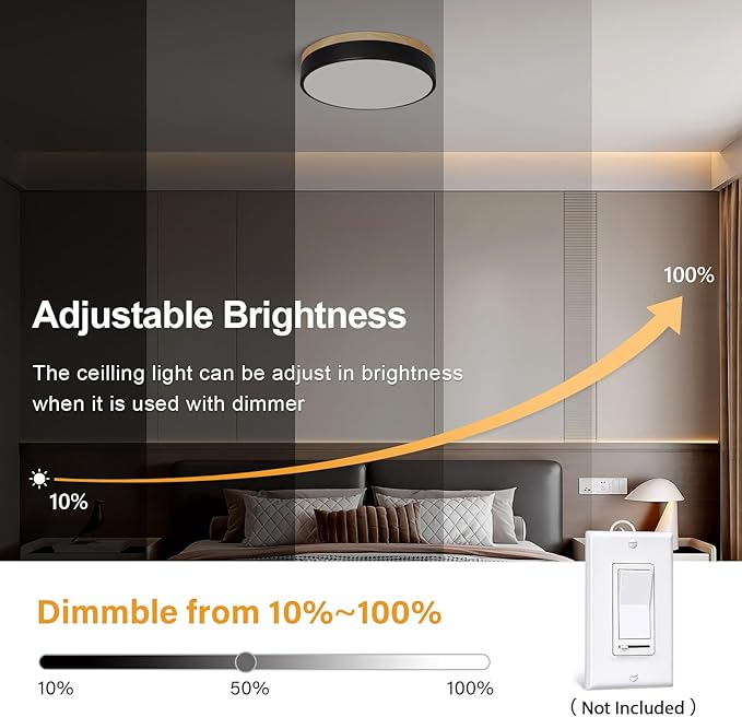 Modern Dimmable Wood Ceiling Light, Black Round LED Flush Mount Ceiling Lighting Fixtures, Minimalist Ceiling Lamp for Kitchen Bedroom Laundry Room Living Room Entryway Hallway&11.81 in