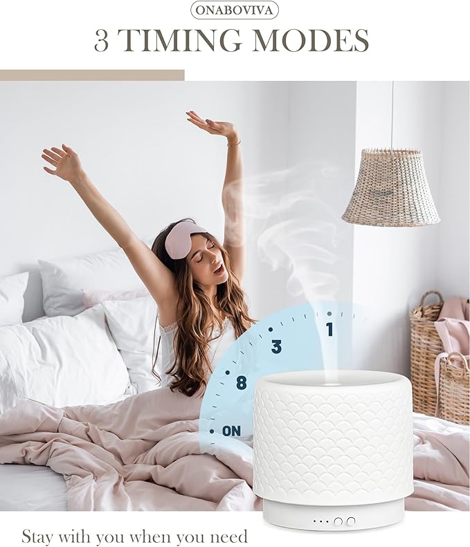 Essential Oil Diffuser -280ml Ceramic Diffuser for Large Room&Commercial Use, 2.4MHz Cool Mist Humidifier & Independent Decorative Light & Aromatherapy Diffuser, Pulse&Continuous Mist, Timer, Auto-Off