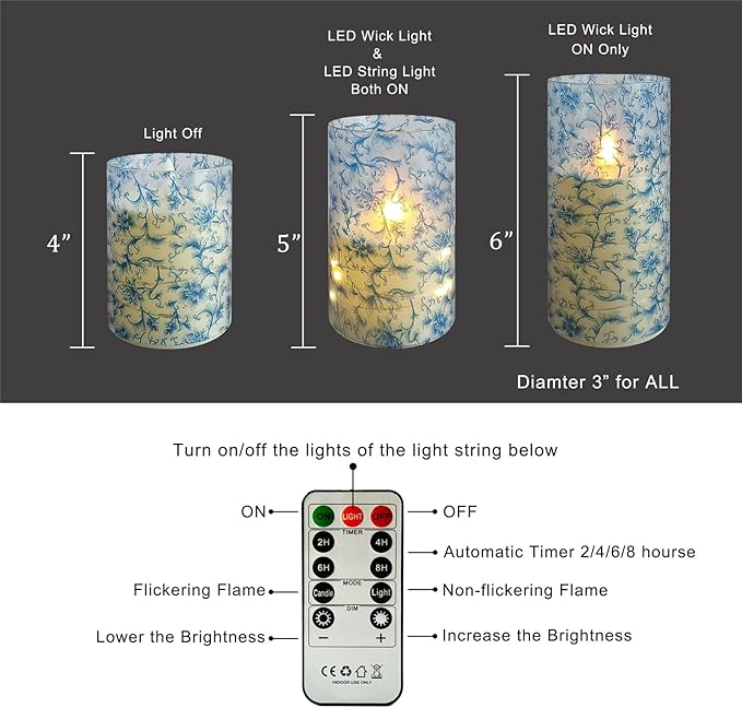 Blue Floral Flameless LED Pillar Candles with String Lights, 3pcs Battery Operated Flickering Candles with Remote Timer, Decorative Flower Printed Candles for Wedding Home Decor Romantic Ambiance