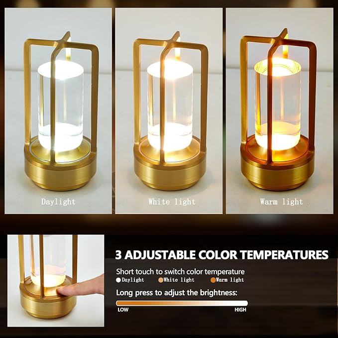 Small Table Lamp, Rechargeable Cordless Battery Operated LED Lamp, 3-Color Temperatures Dimmable Nightstand Lamp for Living Room, Bedroom, Outdoor Battery Powered Portable Touch Lamp (Gold)
