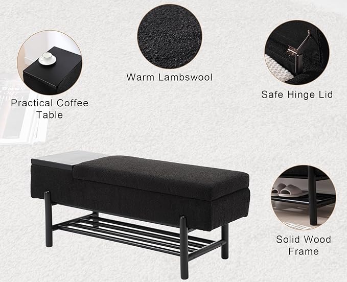 Modern Entryway Storage Bench, Upholstered Shoe Ottoman Bench, Sherpa Flip-Top End of Bed Bench with Wood Shelf/Coffee Table for Living Room/Bedroom/Hallway/Under Window,46.5 Inches,Black Fur