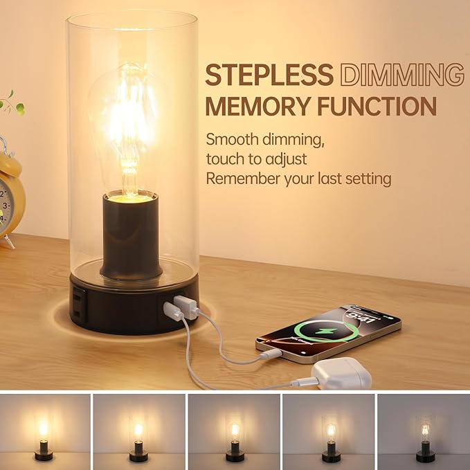 Bedside Table lamp for Bedroom -Touch Lamp with USB-A+C Charging Ports & AC Outlet. Nightstand Lamp with Black Base Glass. Stepless Dimming Small Lamp for Bedroom, Dorm, Office, Kids Room, Living Room