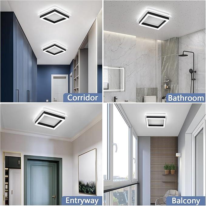 CANEOE 3 Packs Square Flush Mount Ceiling Light, 6000K Black Modern LED Ceiling Light Fixture, Minimalist Hallway Lighting Fixture Ceiling Lamp for Hallway Entryway Bedroom Balcony (Black)