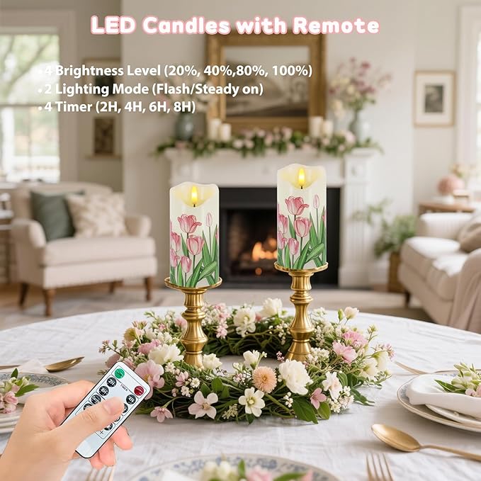 Flameless Candles Set of 2, 6"x3" Flickering Tulip LED Candles with Remote & Timer, Dimmable Real Wax Electric Pillar Candles Battery Operated, Birthday Gift Mother's Day Gift for Mom Women (Tulip)