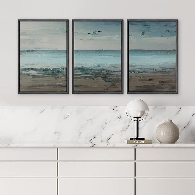 wall26 Framed Canvas Print Wall Art Set Grunge Teal & Brown Beach Shoreline Landscape Geometric Ocean Digital Art Minimalism Nautical Multicolor for Living Room, Bedroom, Office - 16"x24"x3 Black