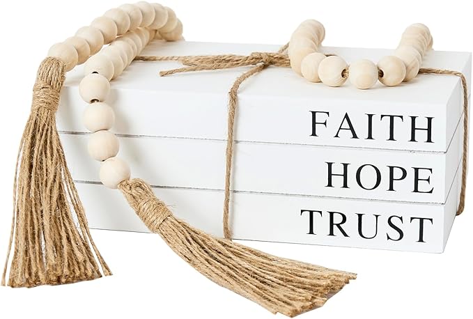 Decorative Books for Home Decor, White Faux Books for Decoration, Rustic Farmhouse Stacked Display Books (Faith, Hope, Trust)