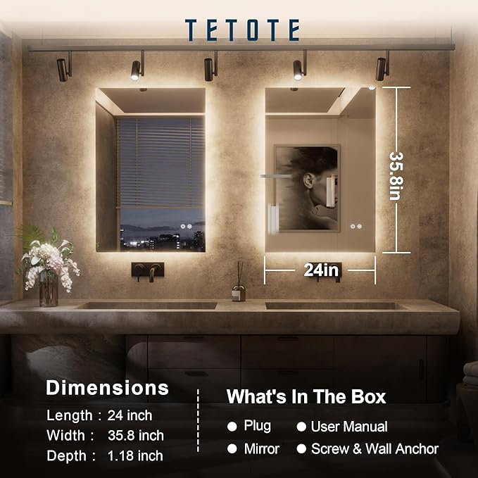 TETOTE 24 x 36 Inch LED Backlit Bathroom Mirror with Lights, 3Color White/Warm/Natural, Anti-Fog Lighted Mirror,Dimmable,Vanity Mirror,Wall Mounted