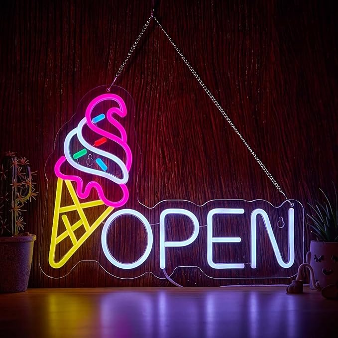 ICE-CREAM Open LED Neon Sign for Wall Decor USB Adjustable Brightness Living Room Bars Barbers Pub Wedding Party Salon Club Gatherings Gaming Room Man Cave Halloween Christmas Birthday Art Wall Decor