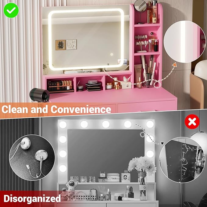 Small Vanity Desk, Vanity Desk with Mirror and Lights, Makeup Vanity Desks with Power Strip, Vanity Table with Drawers and Shelves, Adjustable Lighting, Dressing Table for Bedroom Dressing Room, Pink