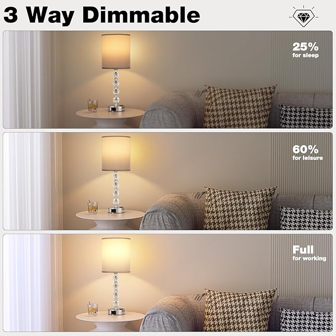 Acaxin Touch Bedside Crystal Lamps for Bedrooms Nightstand with USB C+A Charging Port and AC Outlet White, 3 Way Dimmable Silver Large End Side Table Lamp for Living/Dinning Room/Kitchen/Bedroom