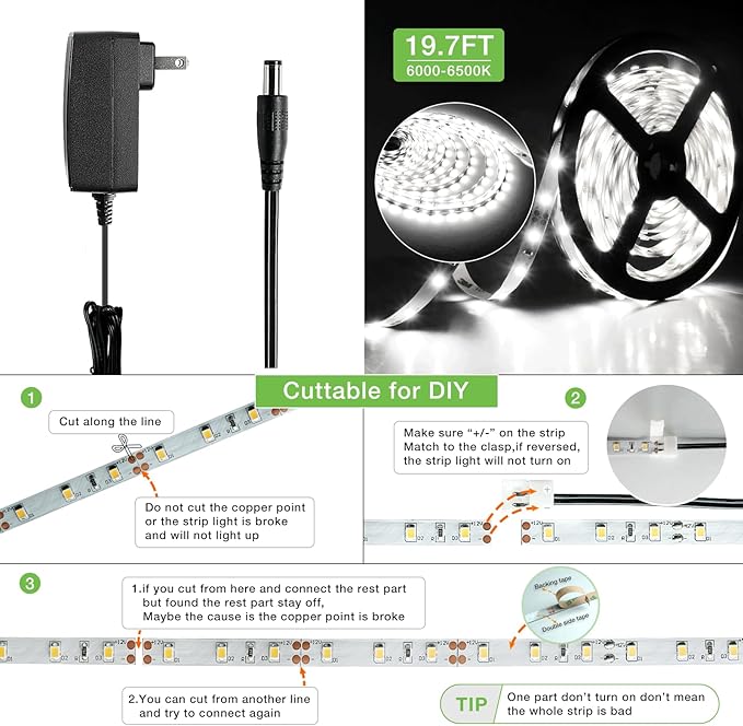 RAYZEEK Wireless Motion Activated LED Strip Lights,19.7FT LED Strip Lights with Power Adapter,RF Wireless Motion Sensor Control Dimmer,Timing,Cool White (1×Controller+2×Motion Sensor)