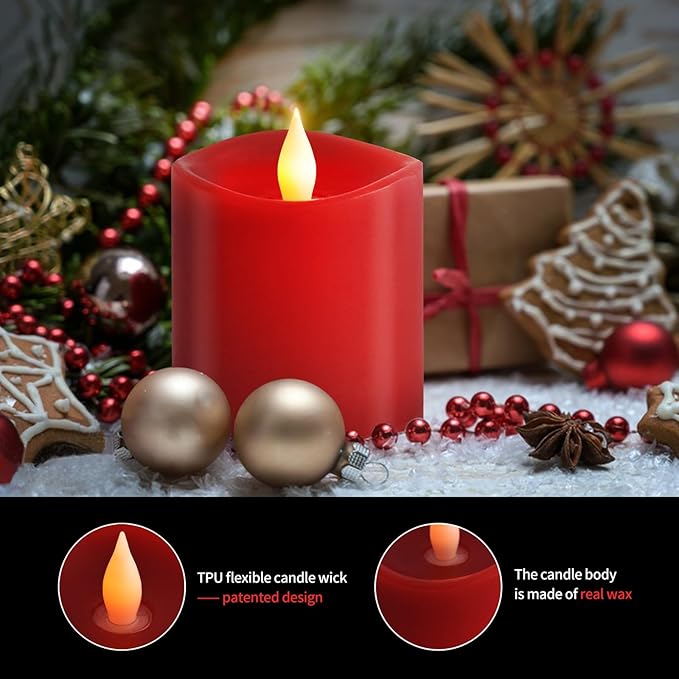 3x3 Flickering Flameless Candles Set of 1, 2AA Battery Life 600 Hours Battery Candles Flickering with Timer, 3 inch Flameless Candles with Remote for Indoor/Outdoor, Red