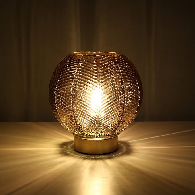 Battery Operated Lamp with Timer, Cordless Amber Glass Table Lamp, Battery Powered Small Lamps Decorative for Living Room Bedside Shelf Corner -Amber