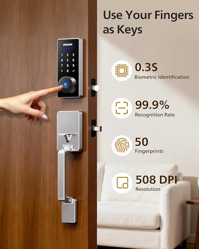 Philips Wi-Fi Smart Lock with Handle, Keyless Entry Keypad Door Lock with Handle, Front Door Deadbolt Set with WiFi Gateway, App Control, Fingerprint Unlock, PIN Code Unlock, Auto Locking