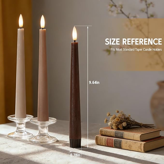 Brown Flameless Taper Candles with Remote, 9.6 Inches Real Wax Battery Operated Candles, 3 Pack Flickering LED Candlesticks, Tall Taper Fake Candles for Home, Wedding, Party