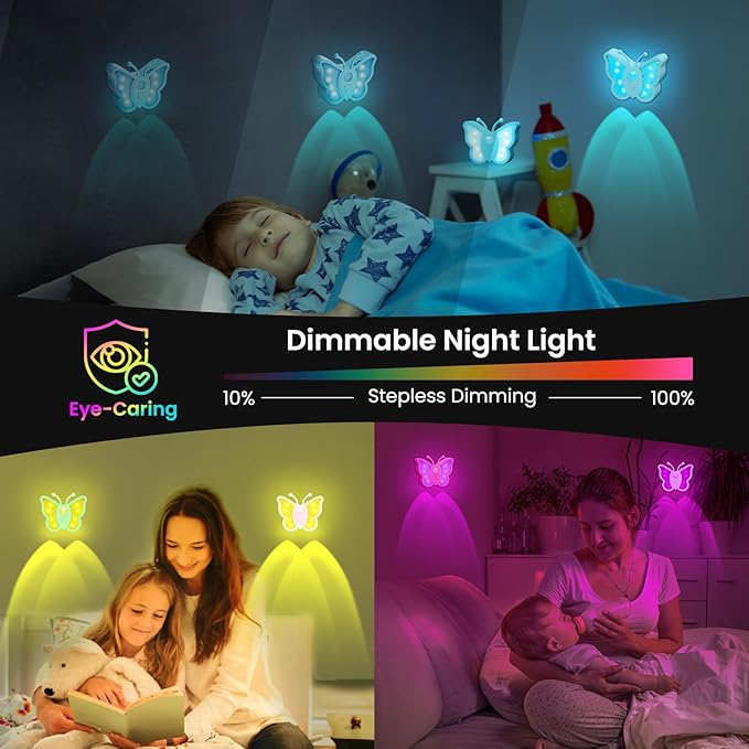 LOFTEK Rechargeable Motion Sensor Night Light, RGB Color Changing & Dimmable Butterfly Night Light for Kids, Wireless Stick on Wall, Bedside, Bathroom, Hallway, Stairs, Cabinet, Black