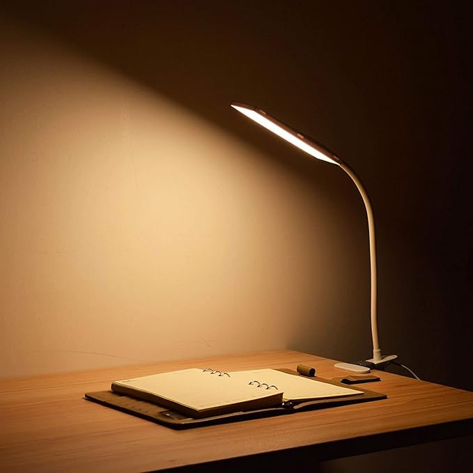 LED Desk Lamp Dimmable Eye-Caring Table Lamp Reading Light Office Light Adjustable 3 Color Modes,14 Brightness Levels, Gooseneck Flexible Clip-on Light for Studying, 5W-White