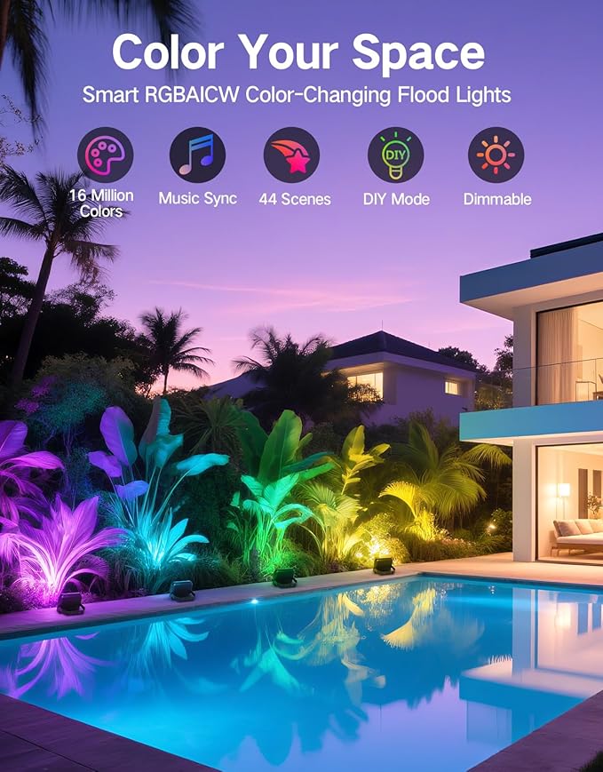 OUTON LED Flood Light Outdoor, 24W Smart RGBAICW Landscape Lighting with APP, Remote & Voice Control, 16 Million Colors, 2700K-6500K, IP65 Waterproof Uplights for Garden Party Stage, 4 Pack