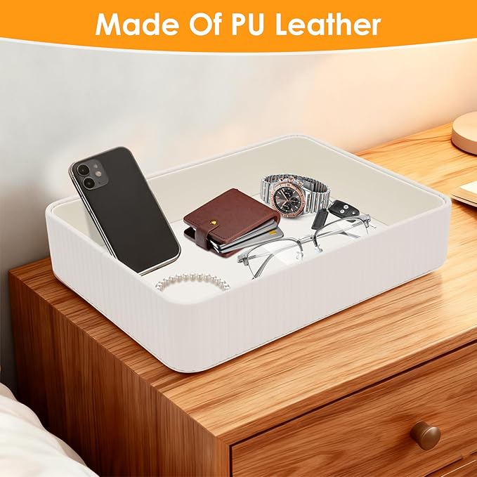 Nightstand Organizer Tray PU Desk Catchall Tray for Cologne, Perfume, Keys, Wallet, Phone, Watch, Jewelry & Sunglasses