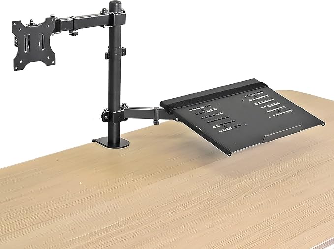 AEONS Monitor and Laptop Desk Mount Combo Stand with Notebook Tray fits 17 inch, 2-in-1 Adjustable Dual Arm Mount fits up to 32 inch LCD Screen with VESA, Clamp and Cable Management, Black