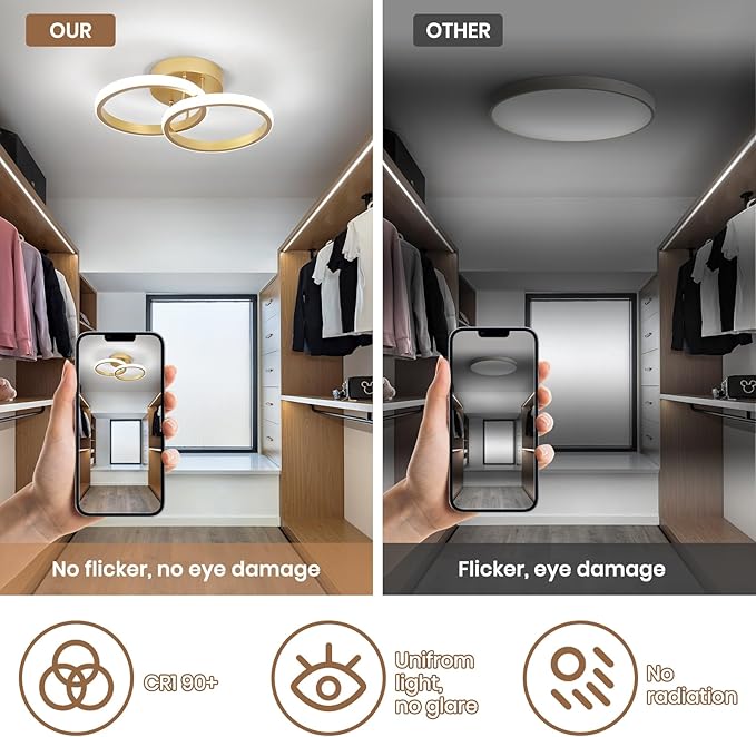 CANEOE Round Modern Led Ceiling Light Fixtures, 6000K Cool White Hallway Light Fixtures Ceiling, Bathroom Close to Ceiling Lights for Corridor Stair Aisle Lamps (Gold, 2 Packs)