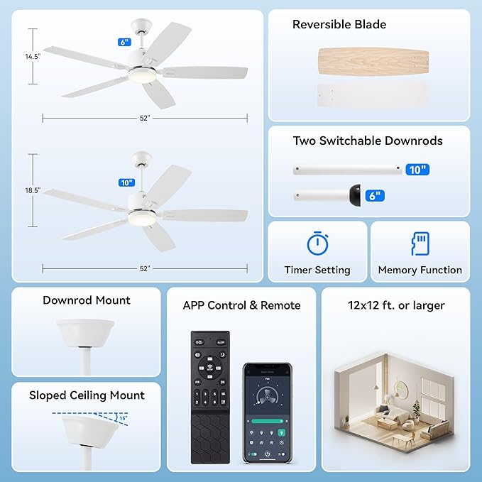 SUNMORY 52" Ceiling Fans with Lights, Smart Ceiling Fan with APP and Remote Control, Reversible DC Motor, Noiseless, Stepless Dimmable, Modern Ceiling Fan for Indoor/Outdoor Use, White