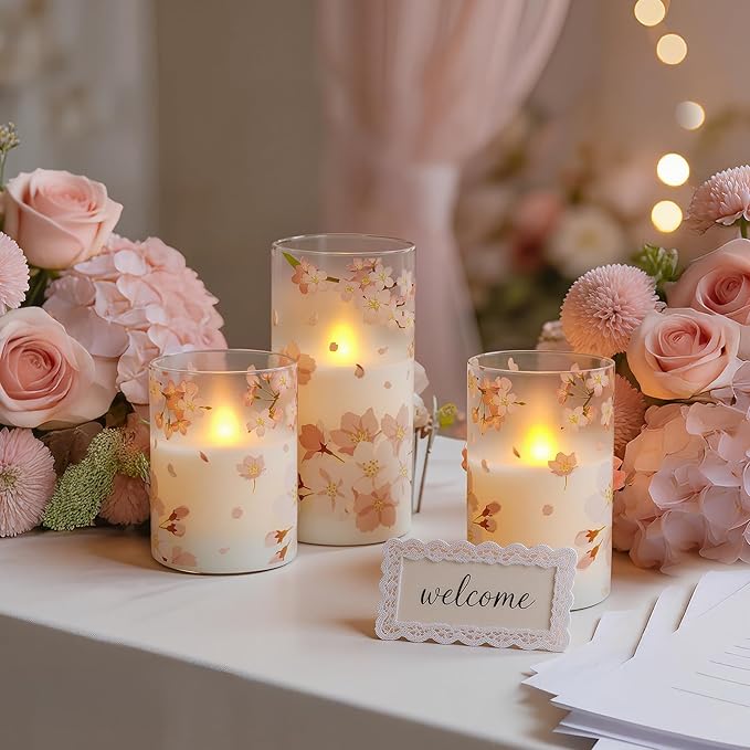 Pack of 3 Flameless Daily Timer Flickering Real Wax Pillar Candles, 3" x 4" 5" 6" LED Battery Operated Pink Cherry Blossoms Glass Warm Light with Remote Control