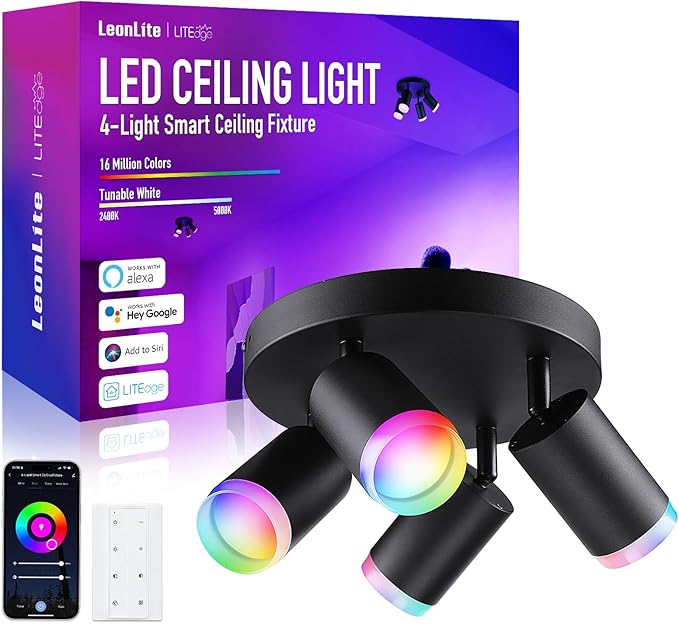 LEONLITE Smart LED Ceiling Spotlight Fixture, Dimmable Ceiling Spot Lights Indoor, CRI90, Work with 2.4GHz WiFi & Bluetooth, 4 Lights Flush Mount, APP Voice Control, 16 Million Colors, Black