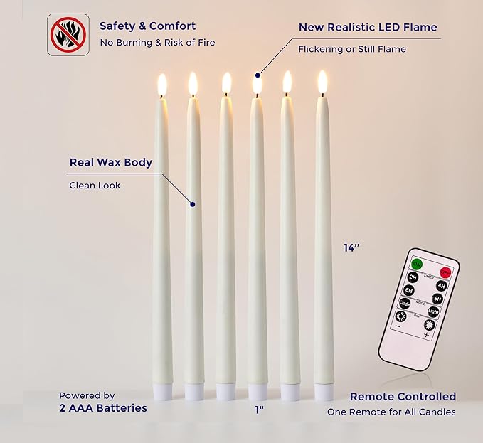 VENTA Set of 6 Flameless Taper Candles with Remote | 14-Inch Ivory LED Candlesticks with Timer | Realistic Flickering Light for Wedding Centerpieces, Dinner Table & Home Decor