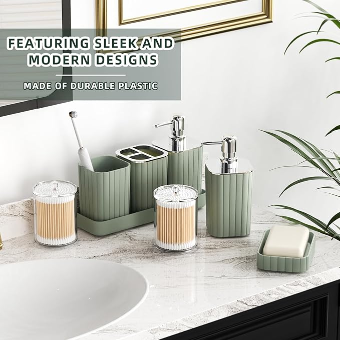 XLHOMO 26PC Bathroom Accessories Set - Gorgeous Bathroom Set, Sage Green Bathroom Accessory Set, Shower Curtain Set with Bathtub Mats for Shower Tub, Trash Can & Soap Dispenser