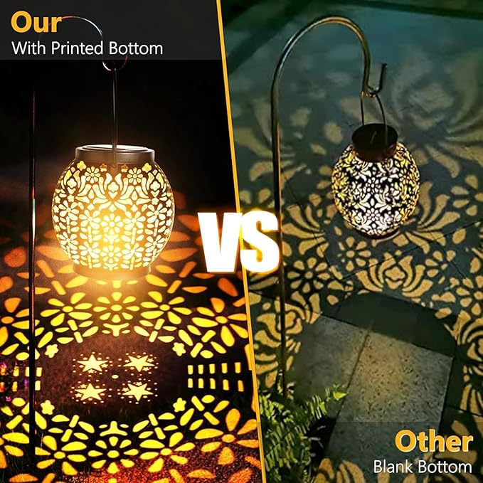 ODEETRONIC 2 Pack Warm White Outdoor Hanging Solar Garden Lanterns with Star Projection, Retro Hollowed-Out LED Lights, Waterproof for Yard Patio Lawn Porch Pathway Garden