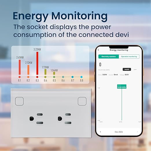 WiFi Smart Wall Outlet, Outlet Compatible with Alexa and Google Home, Smart Tuya Socket with Energy Monitoring and Timer, Dual Sockets2.4GHz WiFi Only, White 1 Pack