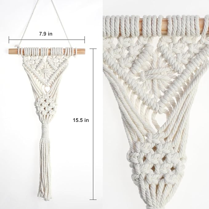 Macrame Wall Hanging Plants with LED Lights, White Cotton Rope, Wooden Dowel, Boho Woven Plant Holders with Artificial Eucalyptus Leaves, wall Decor, Set of 2 (Green)