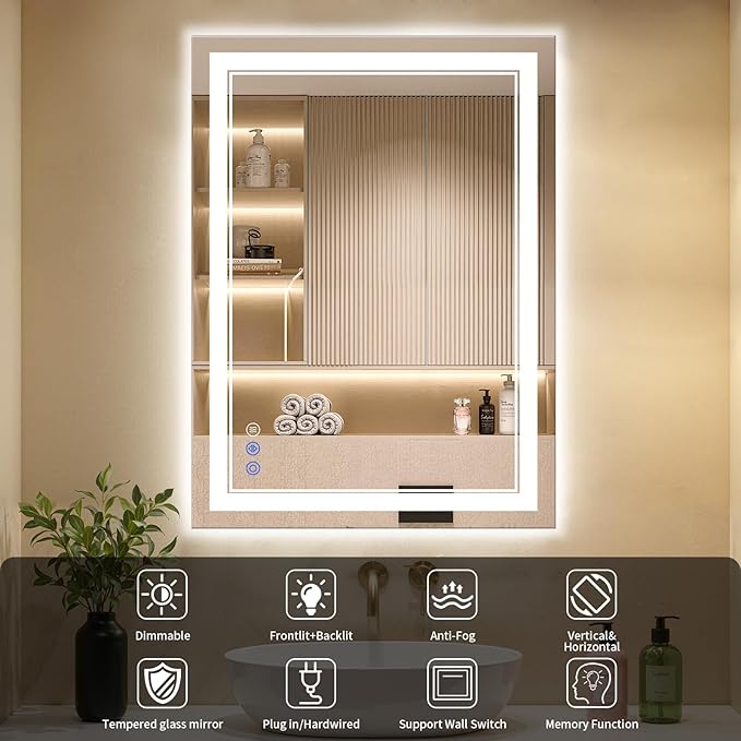 30"x32" LED Bathroom Mirror with Lights, Anti-Fog, Backlit + Front Lit, Dimmable, Led Vanity Mirror for Wall, Lighted Bathroom Mirror, 3 Colors, Shatter-Proof Tempered Glass