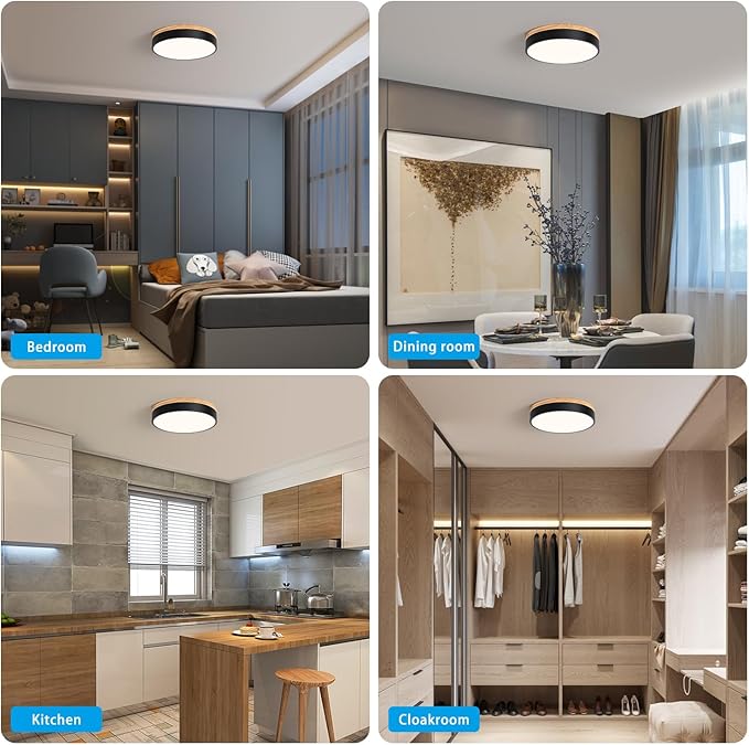 Modern Wood Oak Black Flush Mount Ceiling Light Dimmable LED Ceiling Light Fixture 2700K-6000K 5CCT Minimalist Circle Close to Lighting Lamp for Kitchen Bathroom Bedroom Laundry Room, 11.8''