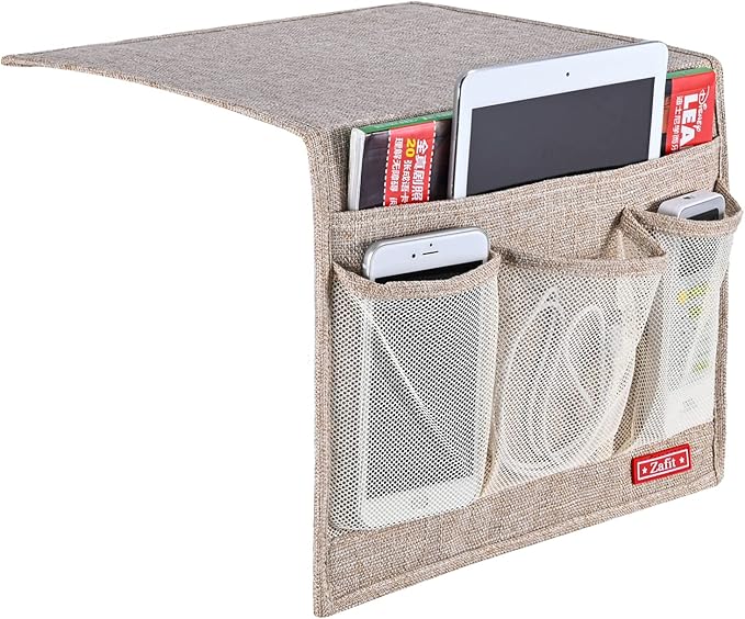 Linen 4 Pockets Bedside Caddy, Bedside Storage Organizer for Magazine, Remotes, Phone (Beige, Classic 4 Pockets)