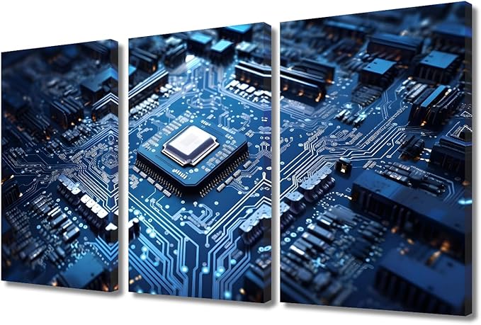 Technology Blue AI Wall Art for Living Room Circuit Board Pictures Canvas Wall Art Chip Pictures Posters Modern Wall Decor Art for Bedroom Office Paintings Giclee Framed Ready to Hang, (36"Wx24"H)