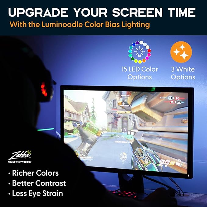 Power Practical LED Lights for TV in Living Room or Bedroom, Luminoodle Backlight, USB Powered Strips w/Remote for 15 Ambient Color Bias Lighting Options & 10 Brightness Modes, Size (30"-40" TV)