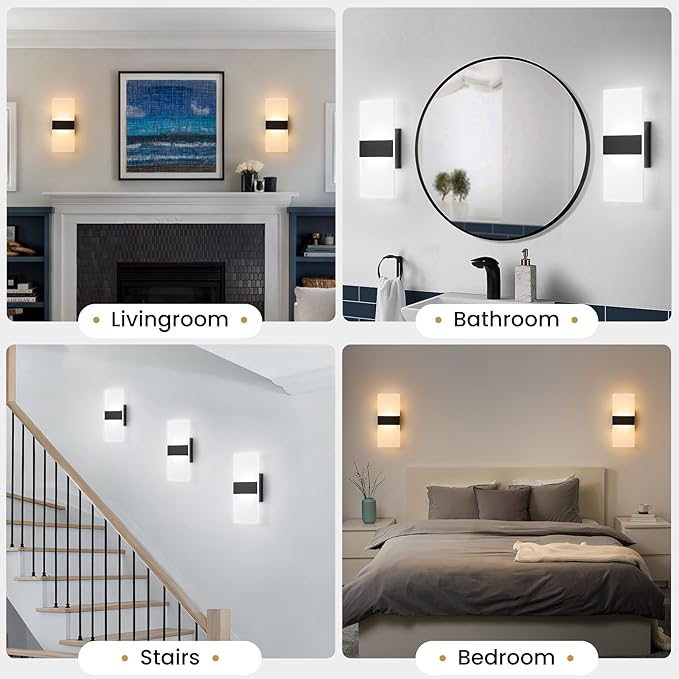 Wall Sconces Set of Two,Modern Black LED Wall Lights,12W 2700K-5000K Adjustable,Hardwired Acrylic Sconces Wall Decor Set of 2,Dimmable Wall Mount Light for Living Room Bedroom Hallway,ETL